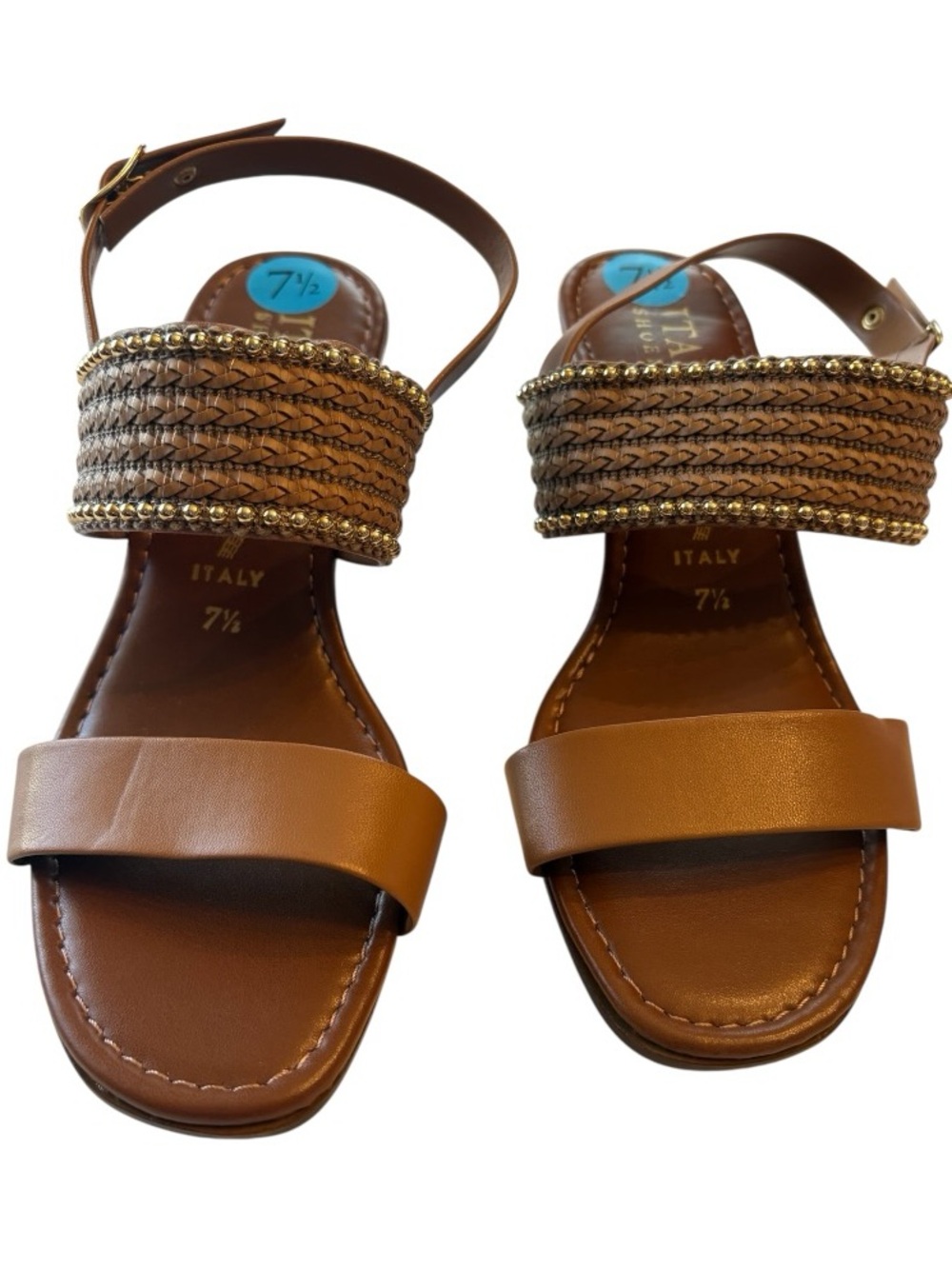 Italian Shoemakers Infamous Tan Woven Studded Block Heel Sandals 7.5M
